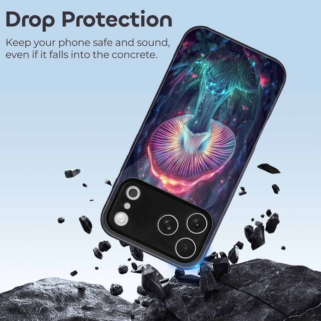 IPHONE 17 PRO MAX GLASS TRIPPY MUSHROOM NEON PHONE CASE PSYCHEDELIC ART FANTASY