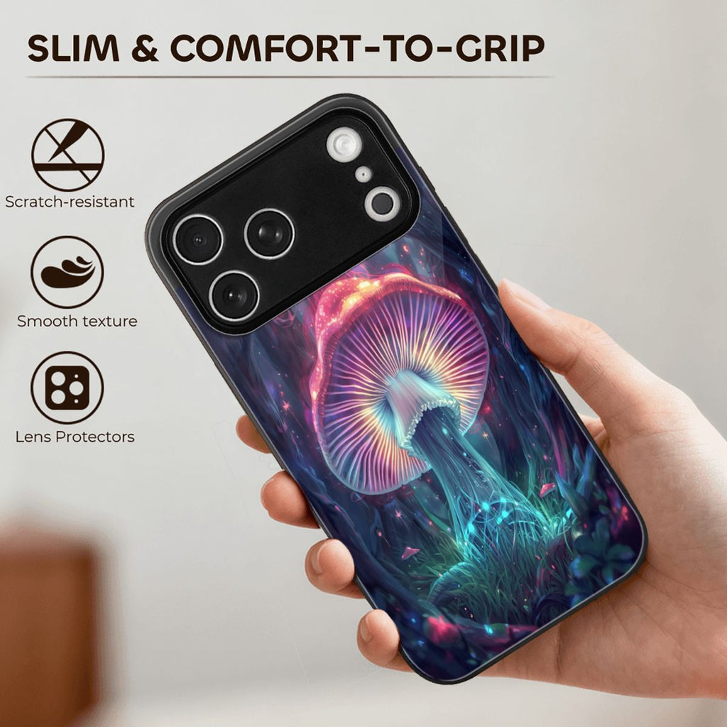 IPHONE 17 PRO MAX GLASS TRIPPY MUSHROOM NEON PHONE CASE PSYCHEDELIC ART FANTASY