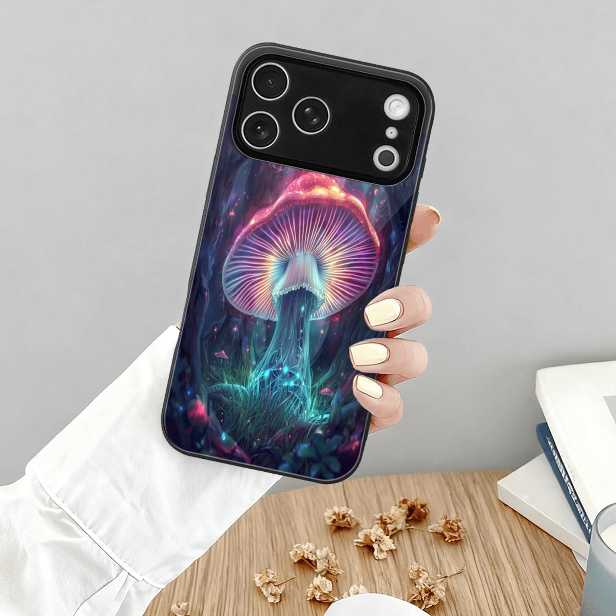 IPHONE 17 PRO MAX GLASS TRIPPY MUSHROOM NEON PHONE CASE PSYCHEDELIC ART FANTASY